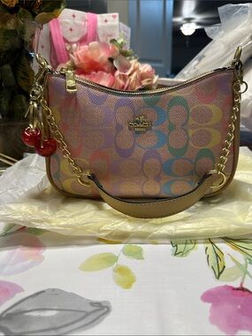 Coach Multicolor Pastel Signature Shoulder Bag with Cherry Charm